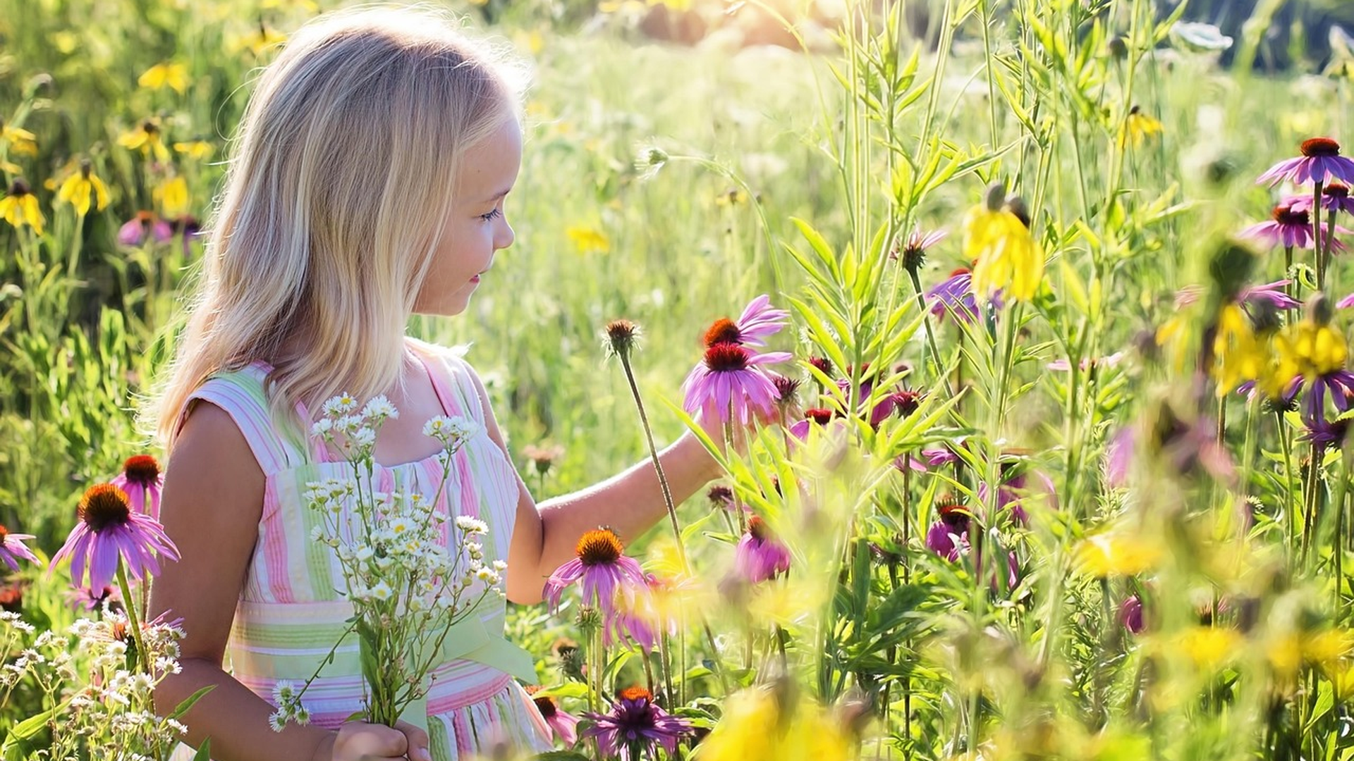 Young girl with long blonde hair outdoors, the kind of fine hair where parents most often spot a speck on their finger and worry it is a lice egg