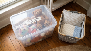 Stuffed animals organized in a clear sealed storage bin after a head lice case