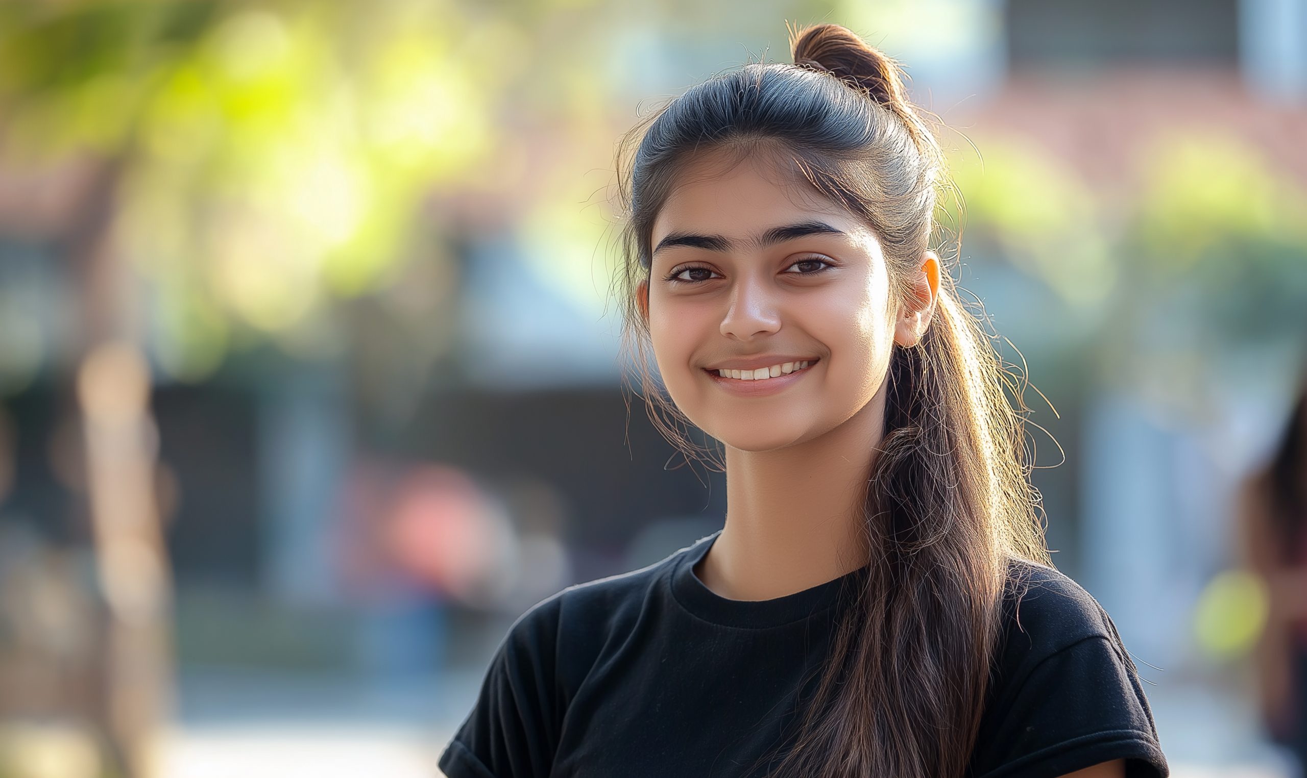 School-aged girl smiling with her long hair tied in a ponytail