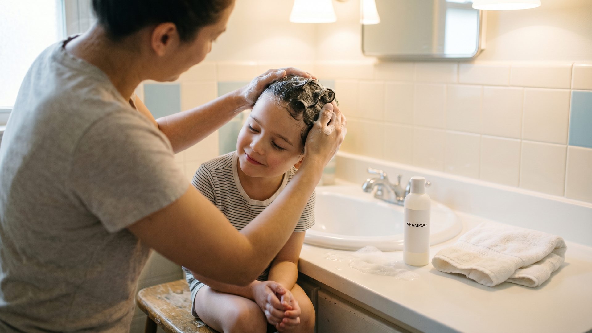 Parent leaning over a bathroom sink lathering a child's hair with shampoo - article asks whether daily shampoo prevents or kills head lice.