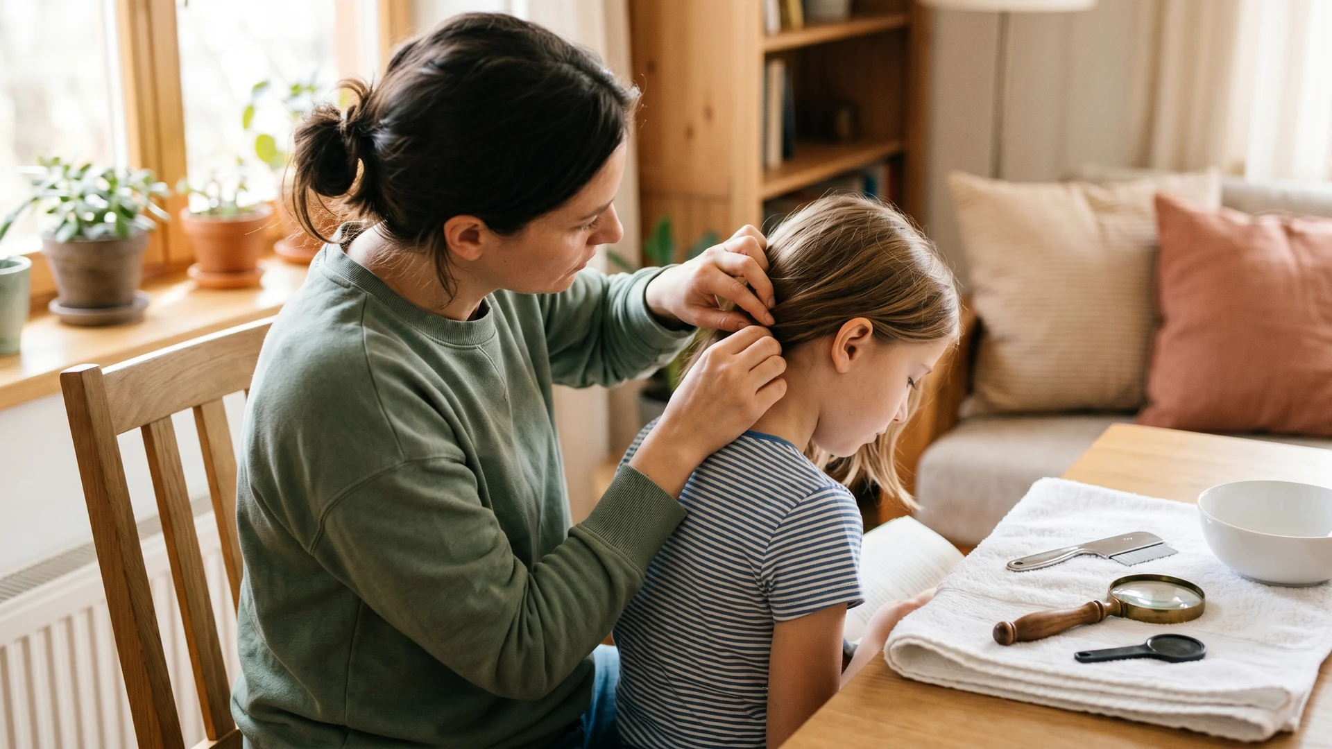 Parent gently parts a child's hair under bright light with a fine-toothed lice comb and a small magnifying glass to confirm head lice before treatment.