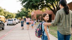 Smiling elementary-age girl with a braid and colorful backpack returning to a Texas suburban school after professional lice treatment, with parent reassuringly nearby.
