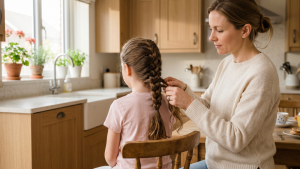 A parent French braids a young child's hair in a sunlit kitchen, a simple everyday style that reduces hair-to-hair lice transfer.