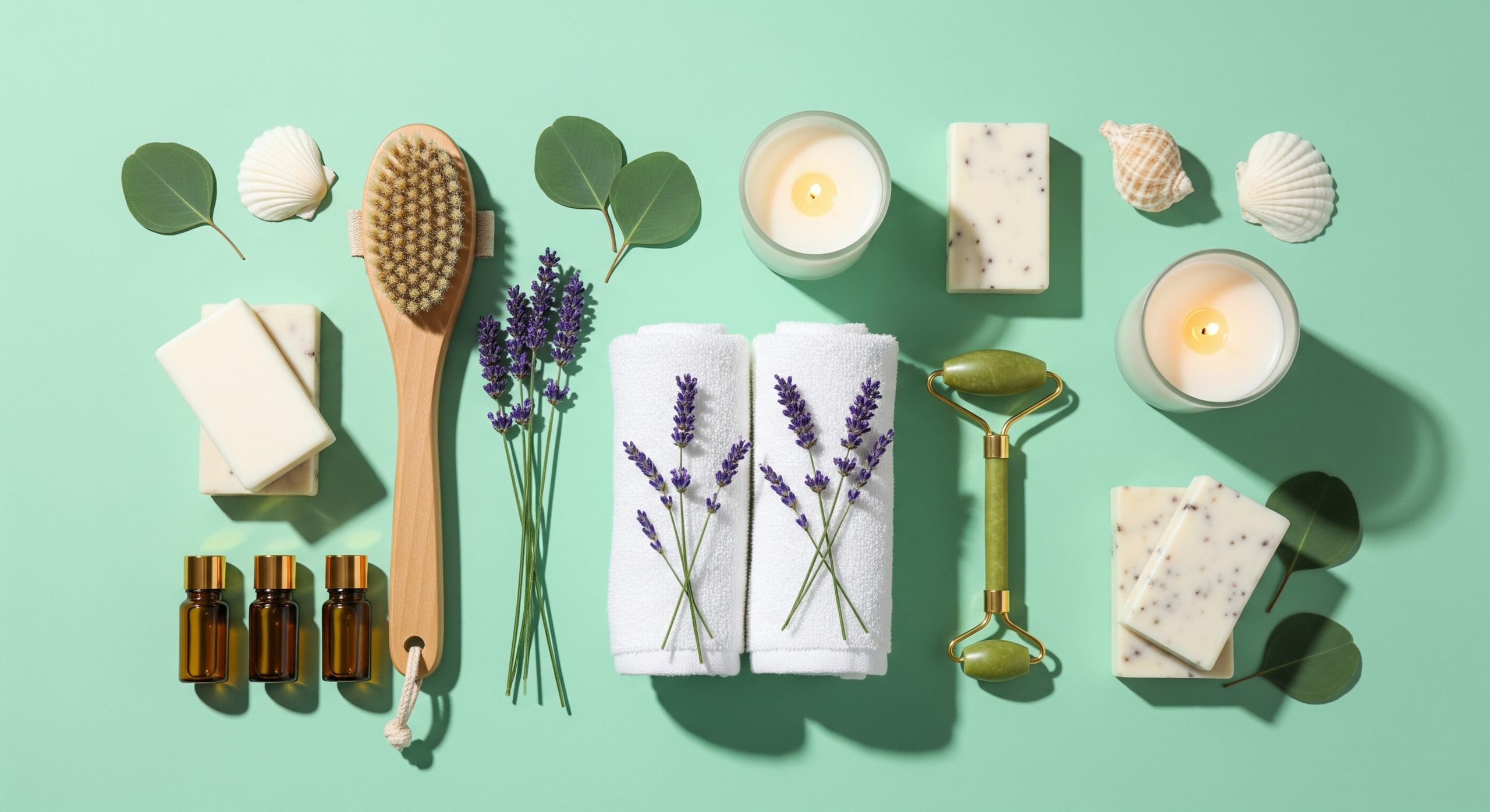 Flat lay of essential oil bottles, lavender sprigs, and natural spa products on a white surface representing the scent sprays parents try as lice repellents.